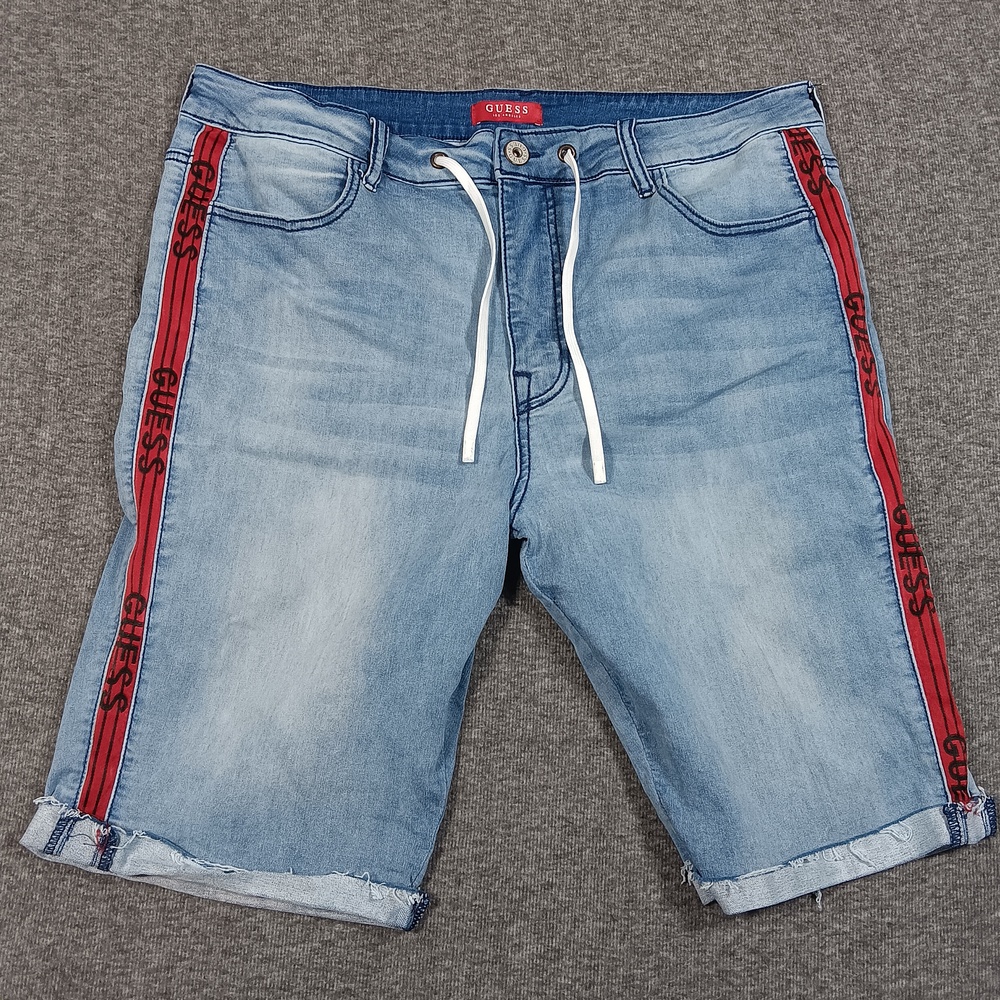 Guess Shorts Mens 40 Blue Denim Red Stripe Drawstring Distressed Casual Summer